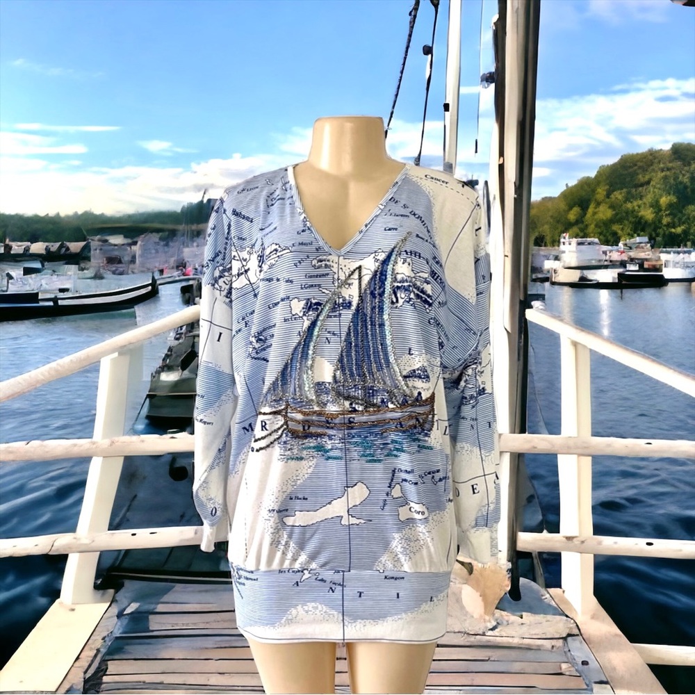 Vintage 80s Bonnie Boerer Batwing  Nautical Sailboat Womens Size Large Shirt Top